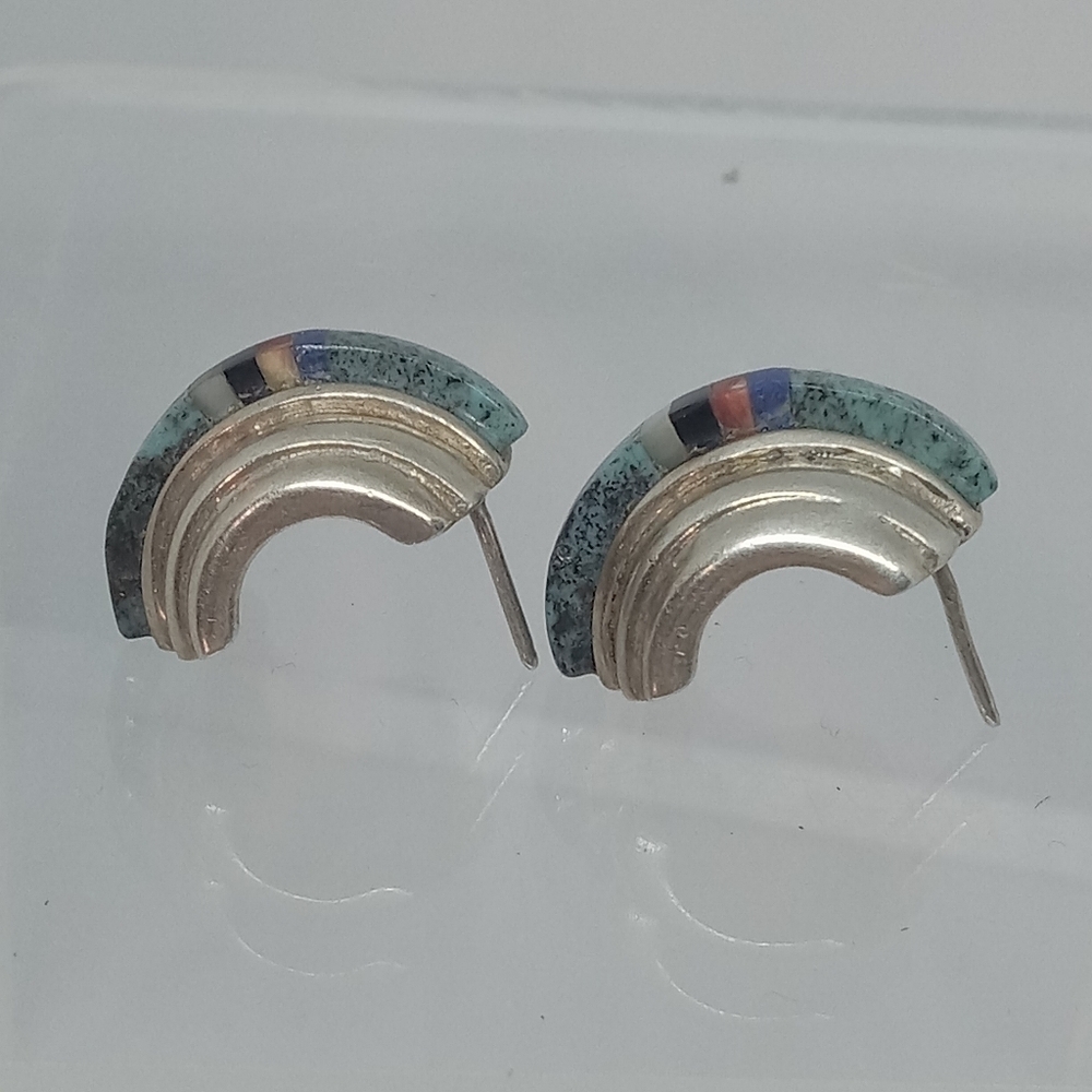 * vintage Navajo Chas Ray 1988 chunky 925 half hoop stone inlay earrings - Picture 3 of 6